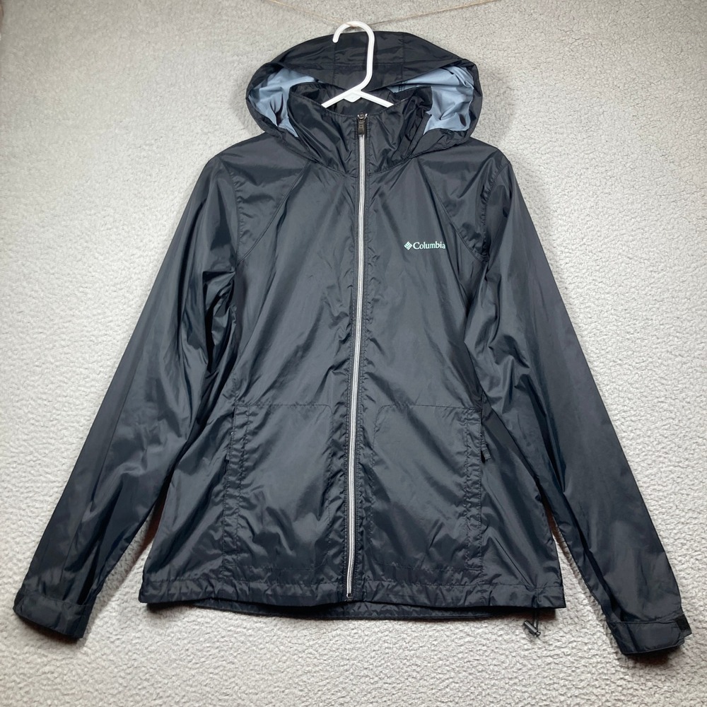 Columbia Windbreaker Women Large Black Hooded Full Zip Lightweight Jacket 10919
